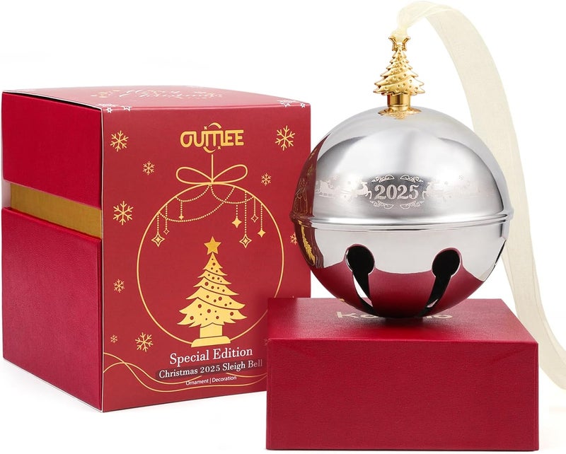 OUMEE 2025 Christmas Bell Ornaments, Sleigh Bell Annual Silver Bell for Christmas Tree Decorations Anniversary Holly Bell Holiday Keepsake - Image 1